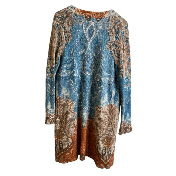 Chico’s Size 1 (M 8) Long Cardigan Sweater Paisley Blue Orange Boho Kimono Wrap - Picture 3 of 3